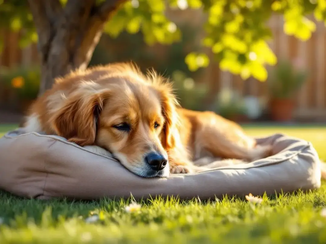 A senior golden retriever relaxes in a sunny yard, with a shaded area available for comfort. This scene highlights the...