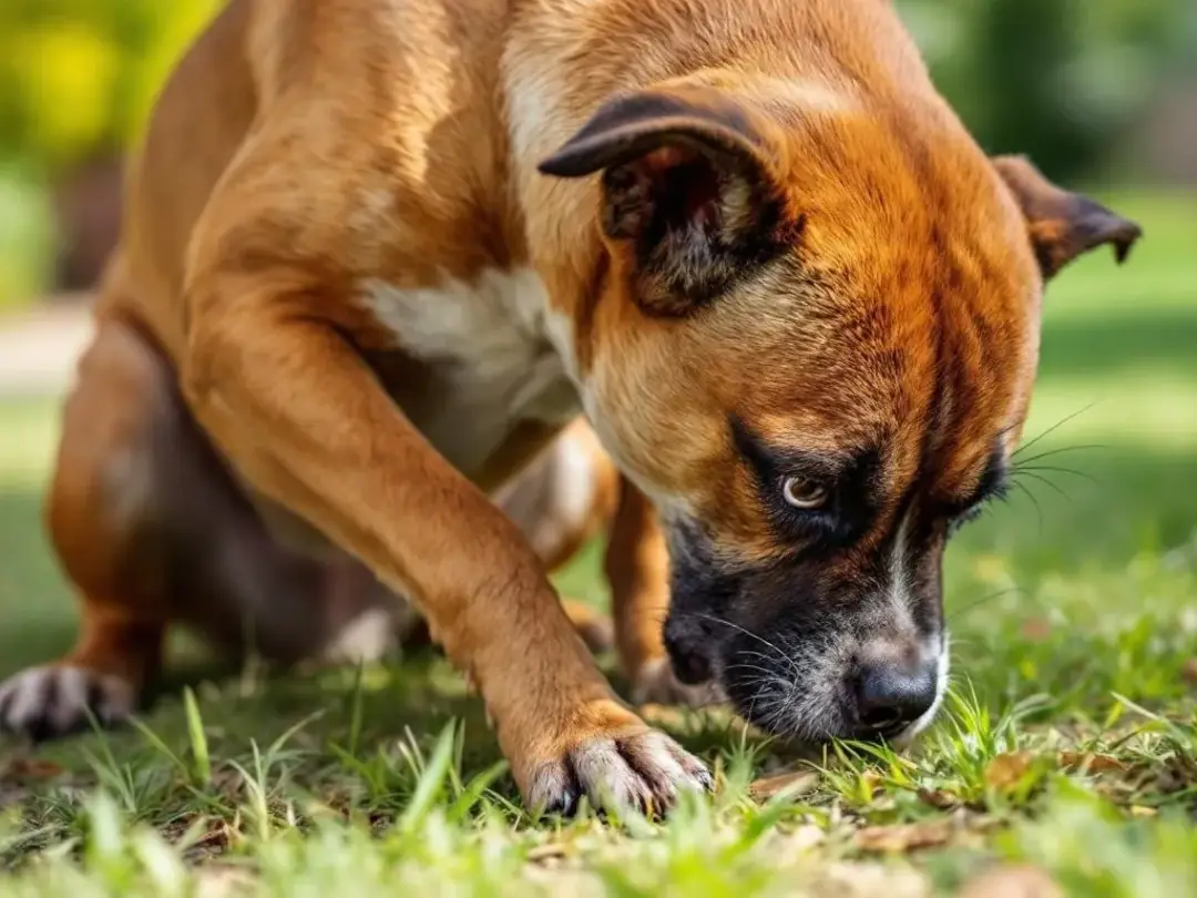 A dog appears visibly uncomfortable while trying to urinate outdoors, indicating potential issues such as bladder...