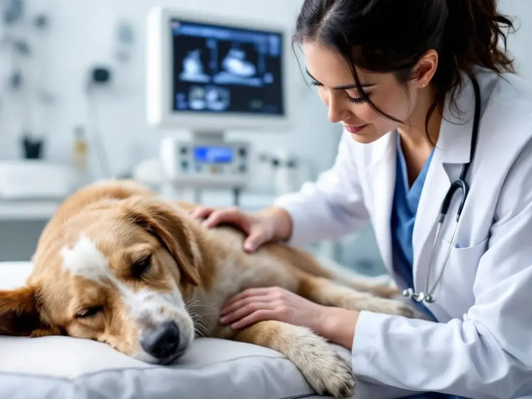 A veterinary technician is performing an ultrasound examination on a dog, focusing on the urinary bladder to check for...