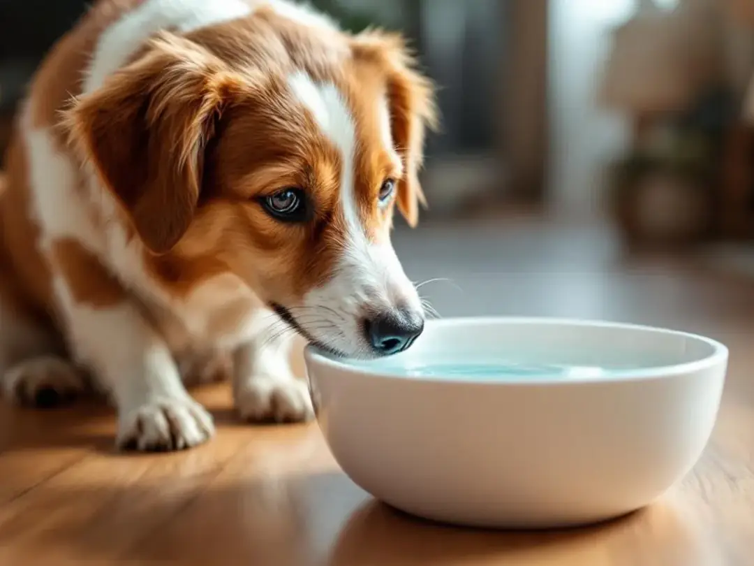 A dog is happily drinking fresh water from a clean bowl, ensuring proper hydration which is essential for preventing...