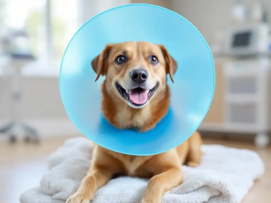 A dog wearing a protective cone collar is resting after undergoing cataract surgery, highlighting the importance of...
