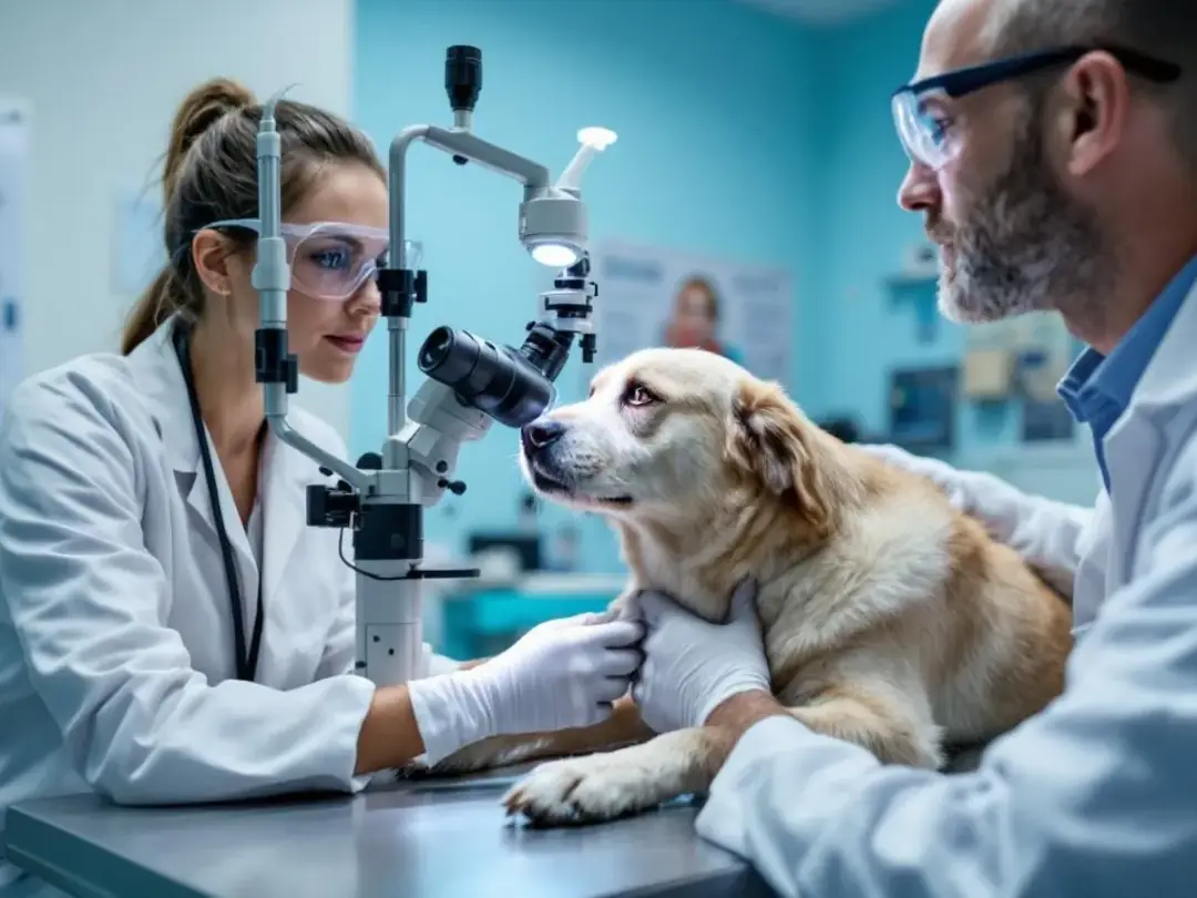 A veterinary ophthalmologist is conducting a thorough eye examination on a dog using specialized equipment, focusing on...