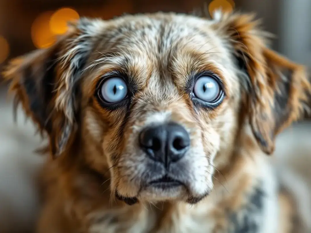 An elderly dog with cloudy eyes is depicted, showing signs of advanced untreated cataracts that significantly impair...