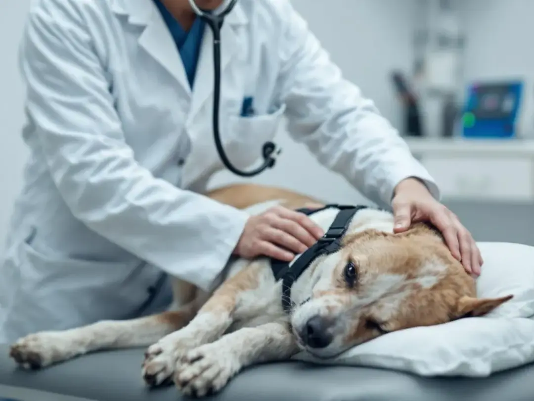 A veterinarian is gently examining a dog's abdomen during a physical examination, checking for signs of conditions such...