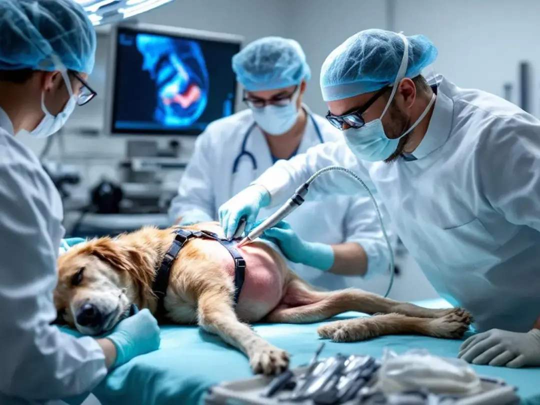 A veterinarian is performing a colonoscopy on an anesthetized dog, examining the large intestine for signs of...
