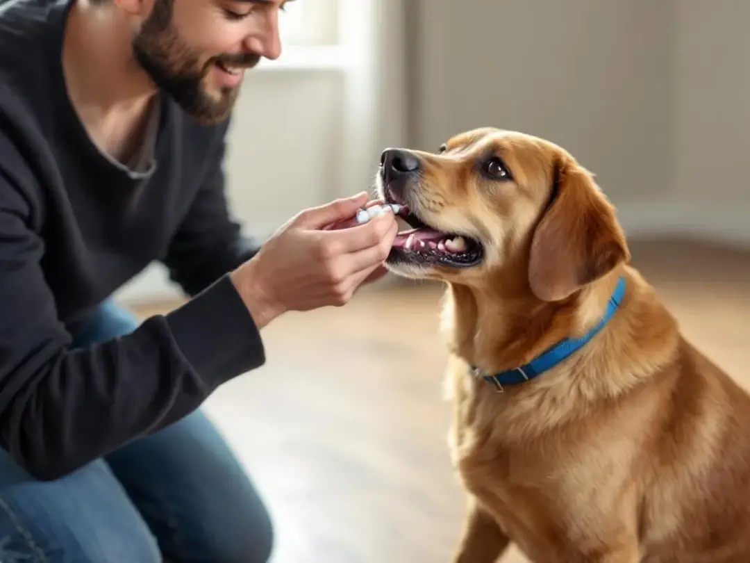A dog owner is gently administering liquid medication to their pet, who appears to be a medium-sized dog, while sitting...
