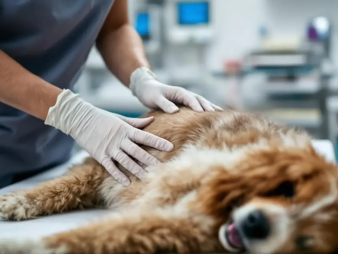A veterinarian's hands are shown gently palpating a dog's abdomen during an examination, assessing for any signs of dog...