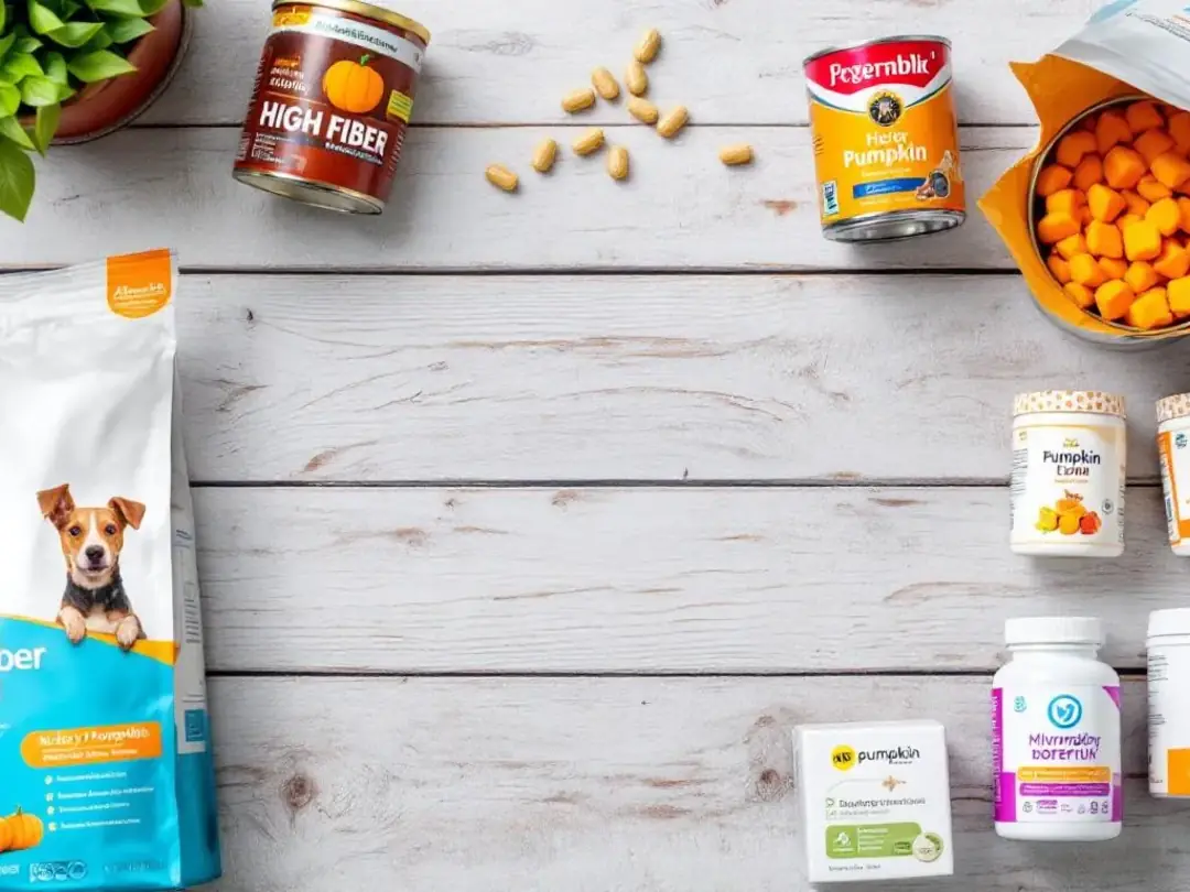 A table is filled with various high-fiber dog foods, including canned pumpkin and dietary supplements, aimed at...