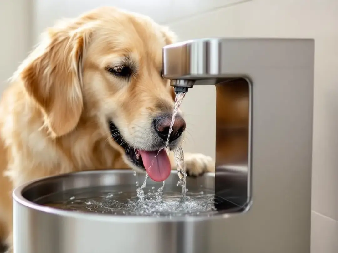 A dog is happily drinking from a stainless steel water fountain with fresh flowing water, showcasing its healthy...