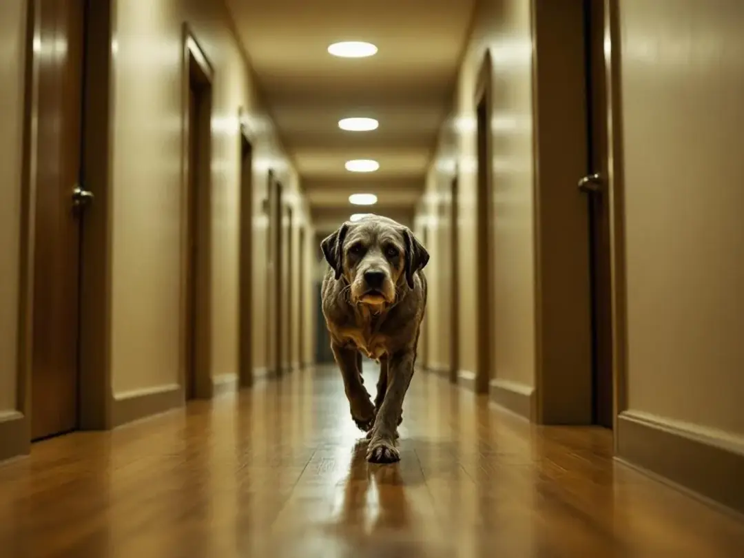 An elderly dog is seen pacing in a dimly lit hallway at night, exhibiting signs of canine cognitive dysfunction, which...