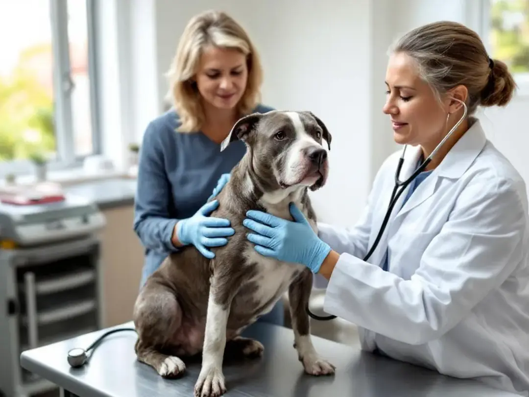 A veterinarian is examining a senior dog, checking its overall health and cognitive function, while the concerned owner...