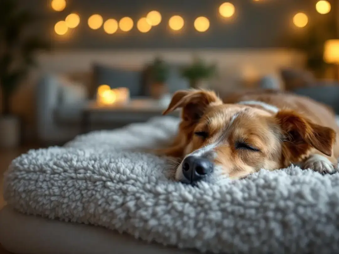 A senior dog sleeps peacefully in a well-lit, comfortable room adorned with soft night lights, showcasing the...