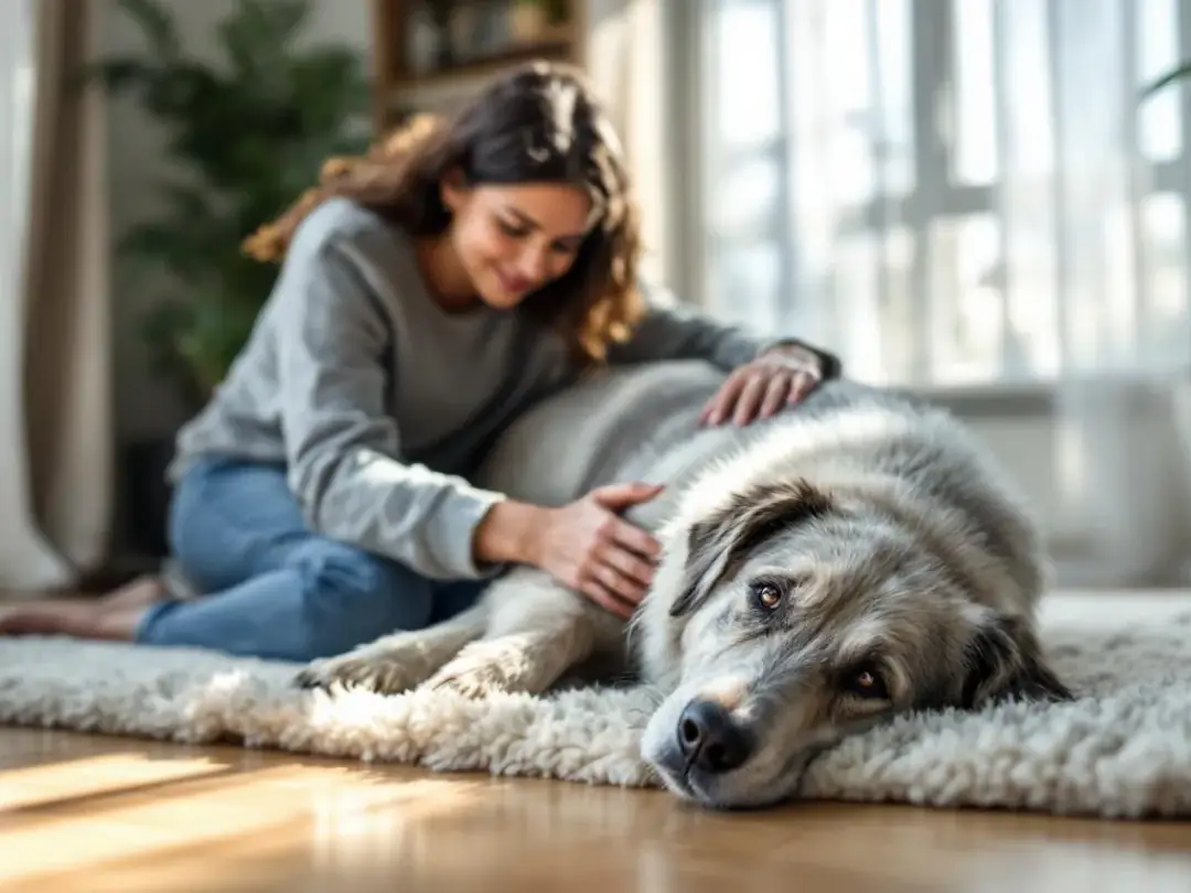 In a serene home environment, an owner gently comforts their elderly dog, who shows signs of cognitive dysfunction...