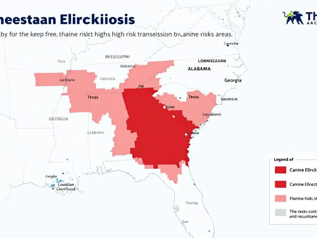 A map of the southeastern United States is highlighted in red, indicating high-risk areas for canine ehrlichiosis...