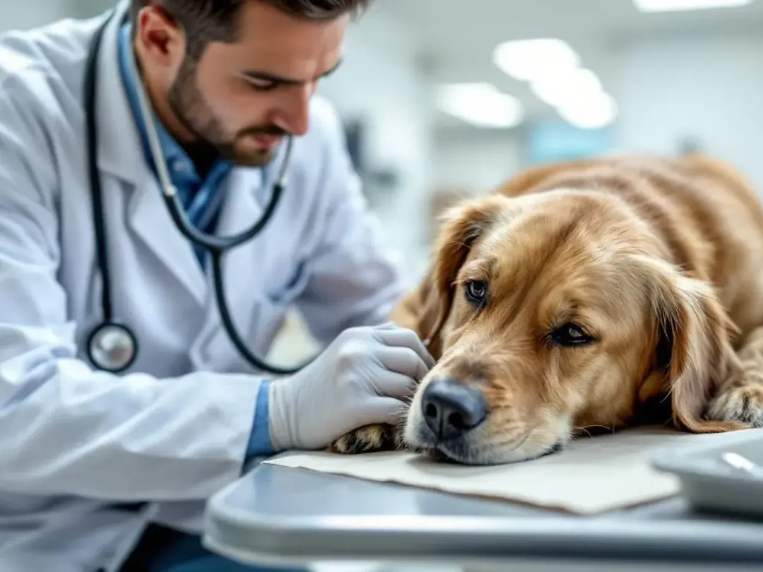 A veterinarian is examining a lethargic brown dog lying on an examination table, focusing on clinical signs of...