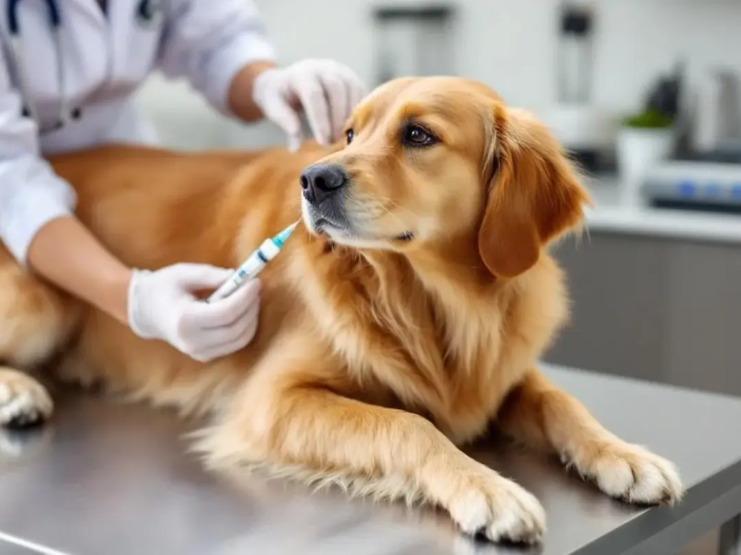 A veterinarian is shown carefully administering medication to a golden retriever, highlighting the treatment process...