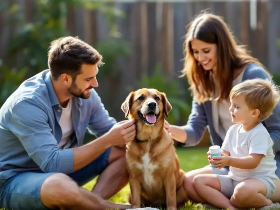 In a backyard setting, a family is applying tick prevention products to their brown dog, emphasizing comprehensive...