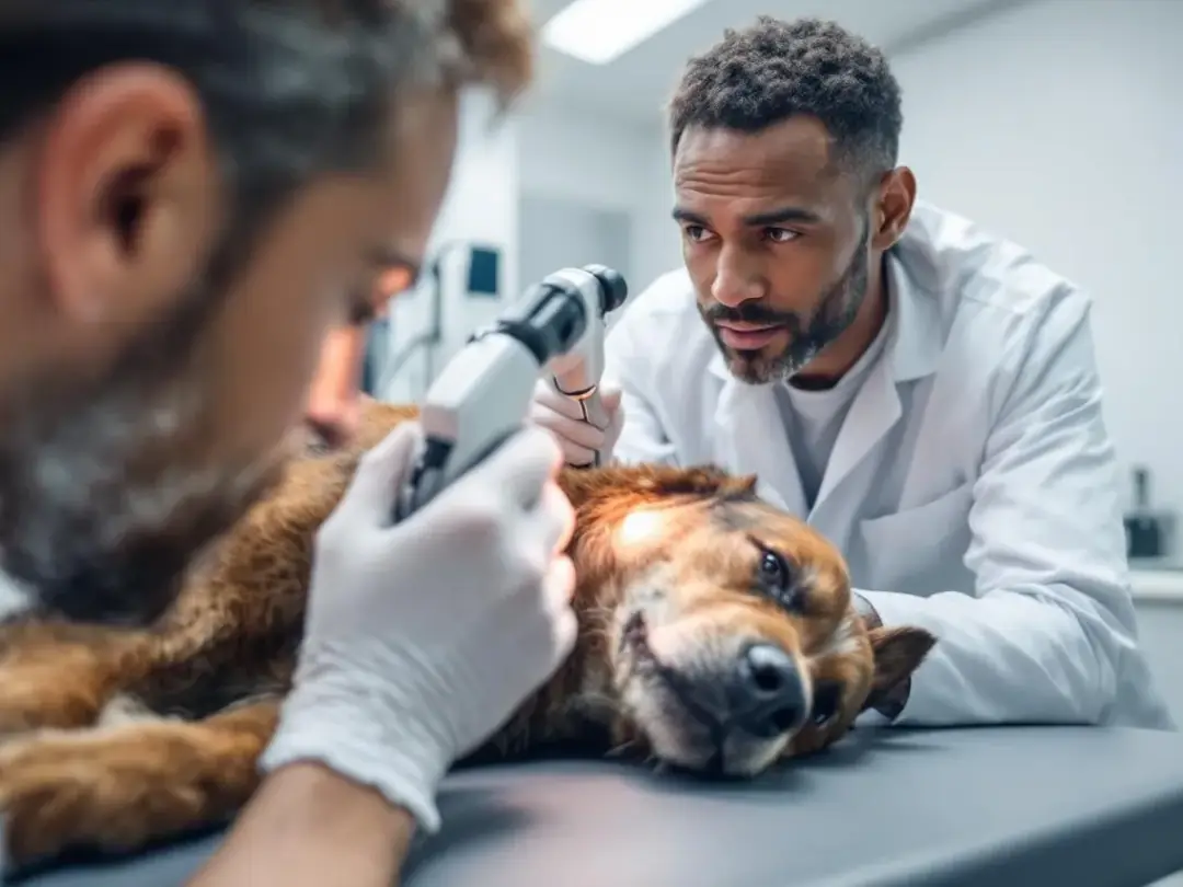 A veterinarian is carefully examining a dog's eye using an ophthalmoscope in a clinical setting, focusing on the...