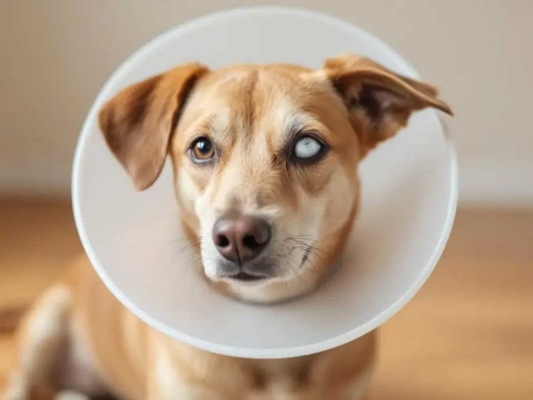 A dog is wearing an Elizabethan collar to prevent self-trauma while recovering from treatment for a corneal ulcer. The...