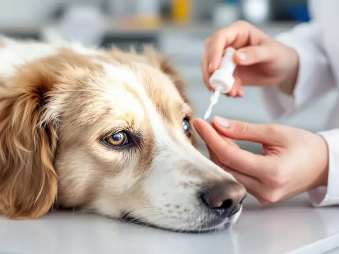 A veterinarian is administering eye drops to a dog to treat a corneal ulcer, showcasing the proper technique for...