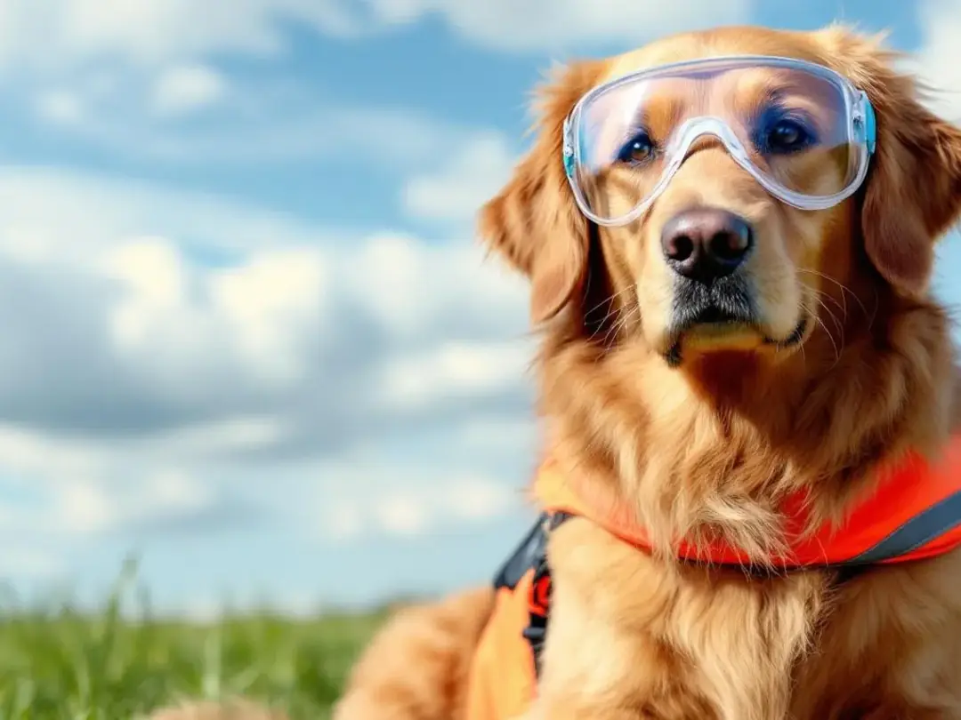 A golden retriever is wearing protective goggles while outdoors, showcasing the importance of eye protection for dogs...