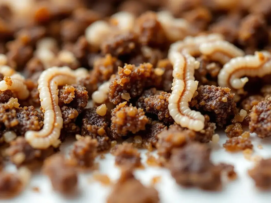 A close-up view of rice-like tapeworm segments is visible in dog feces, indicating the presence of intestinal parasites...