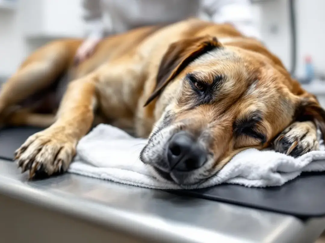 A lethargic dog lies on a veterinary examination table, showing signs of weakness, which may indicate a possible...