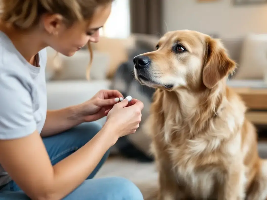 A dog owner is administering monthly preventive medication to their pet, ensuring the dog stays protected from common...