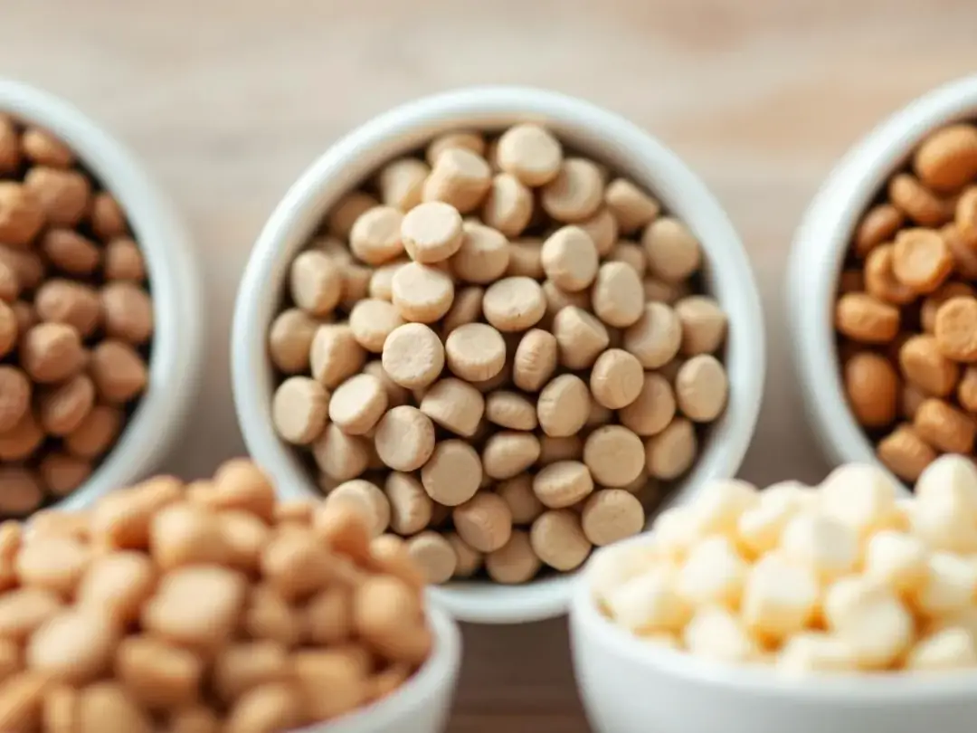 A close-up view of various types of dry dog food kibble displayed in bowls, showcasing different shapes and colors that...