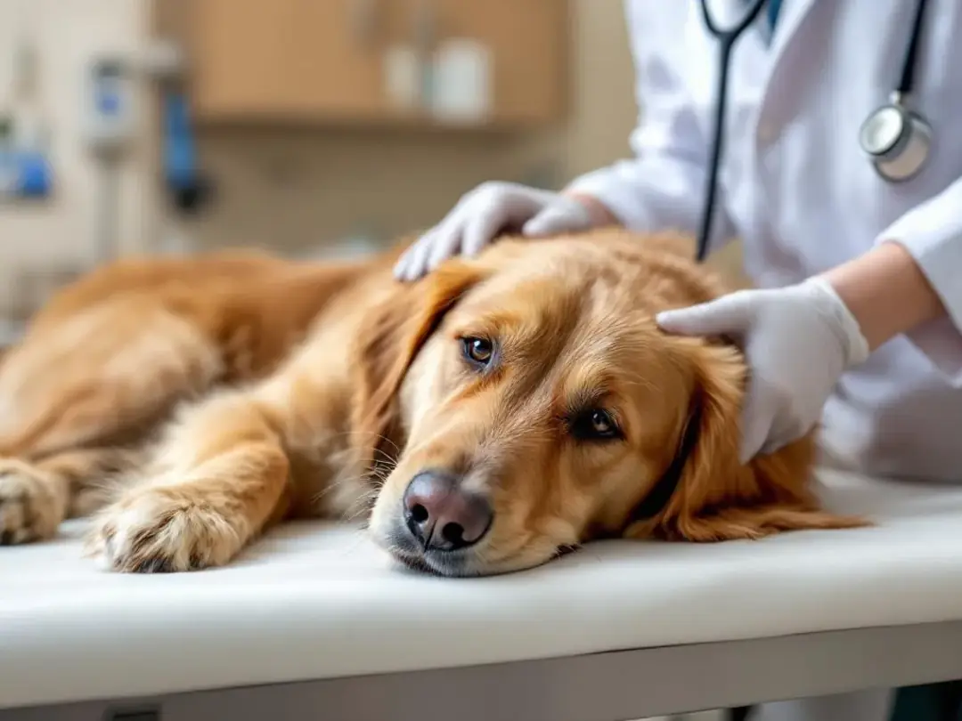A veterinarian is examining a dog on an examination table, assessing its health for potential food allergies. The vet...