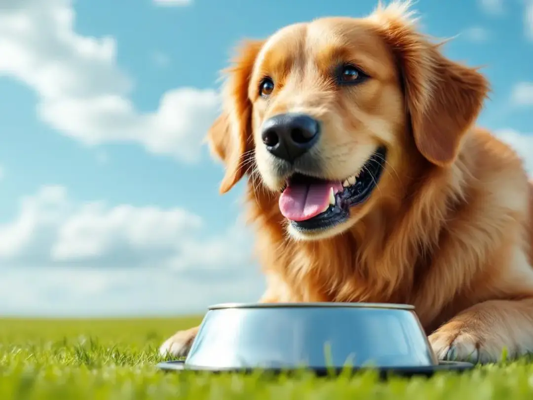 A happy golden retriever is joyfully eating from a metal food bowl outdoors, surrounded by grass and sunshine. This...