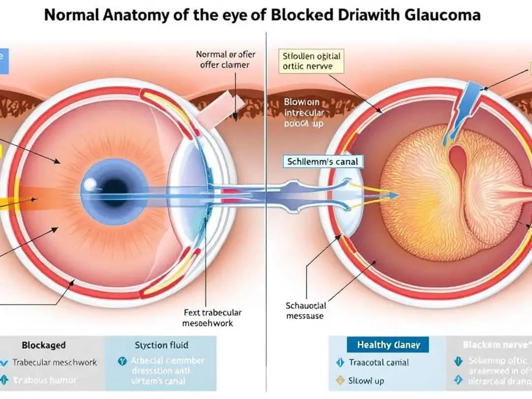 The diagram illustrates the contrast between normal eye anatomy and the blocked drainage associated with glaucoma...