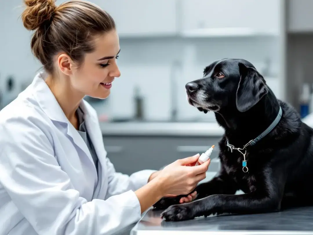 A veterinarian is gently administering eye drops to a calm dog as part of its treatment for glaucoma, focusing on the...