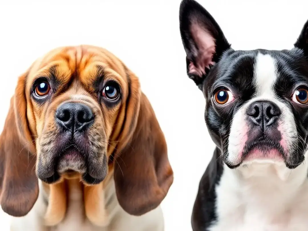 In the image, a Basset Hound and a Boston Terrier are positioned side by side, illustrating two dog breeds that are...