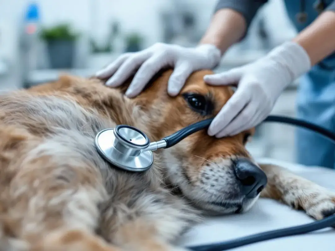 A close-up view of a veterinarian's stethoscope resting on a dog's chest during a cardiac examination, highlighting the...