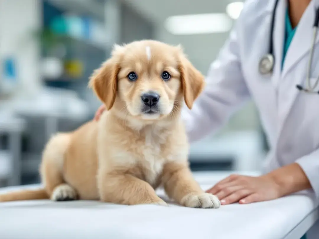An adorable golden retriever puppy sits calmly during a veterinary examination, displaying a healthy demeanor while the...