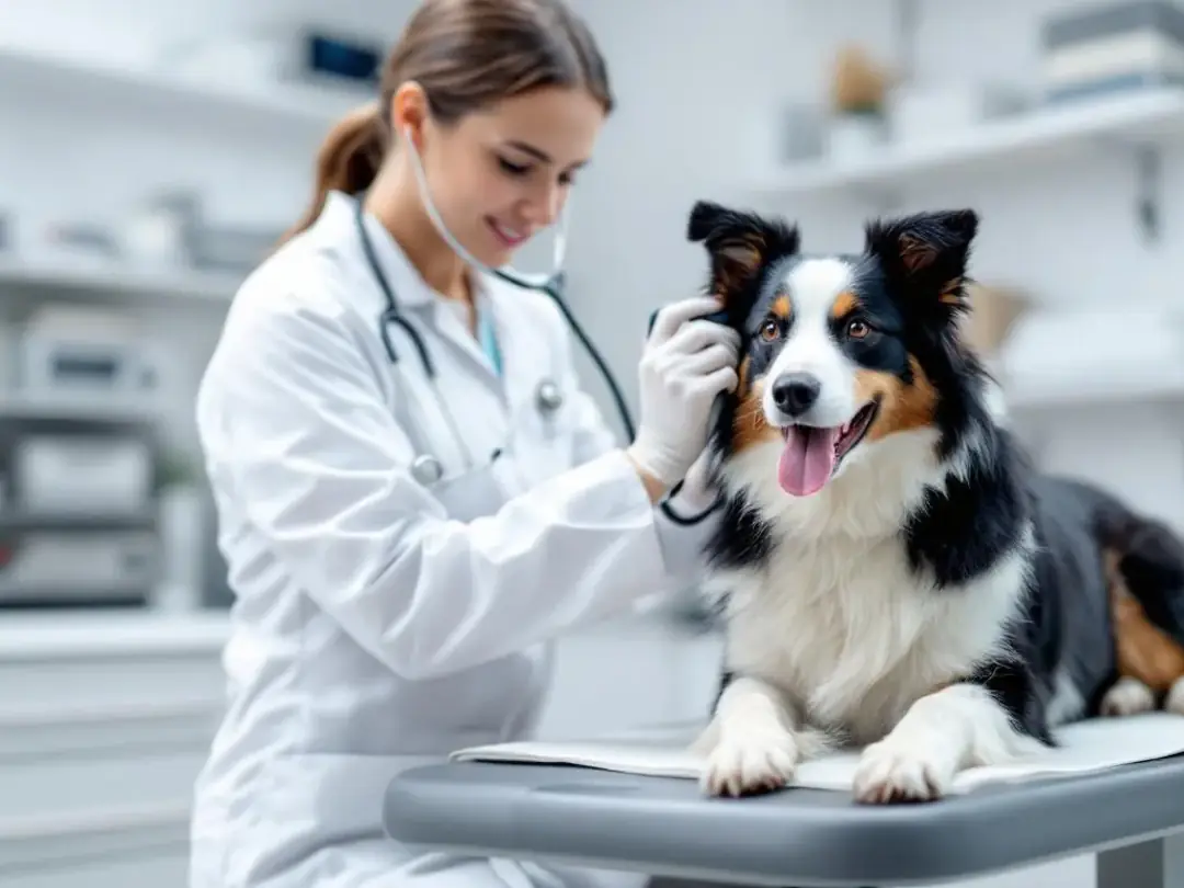 In a modern veterinary clinic, a veterinarian is using specialized cardiac equipment to examine a border collie...