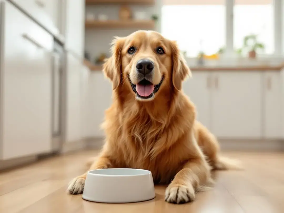 A happy Labrador retriever is joyfully eating from a food bowl in a bright kitchen, showcasing a healthy and playful...