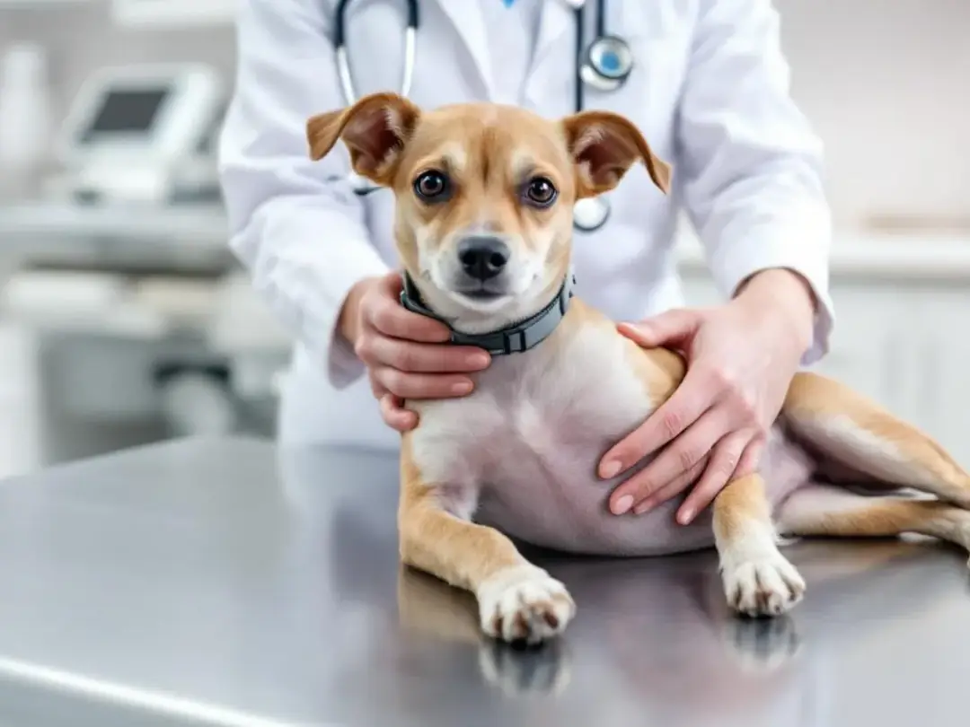 A veterinarian is gently examining the abdomen of a small dog, likely a Cavalier King Charles Spaniel, to assess for...