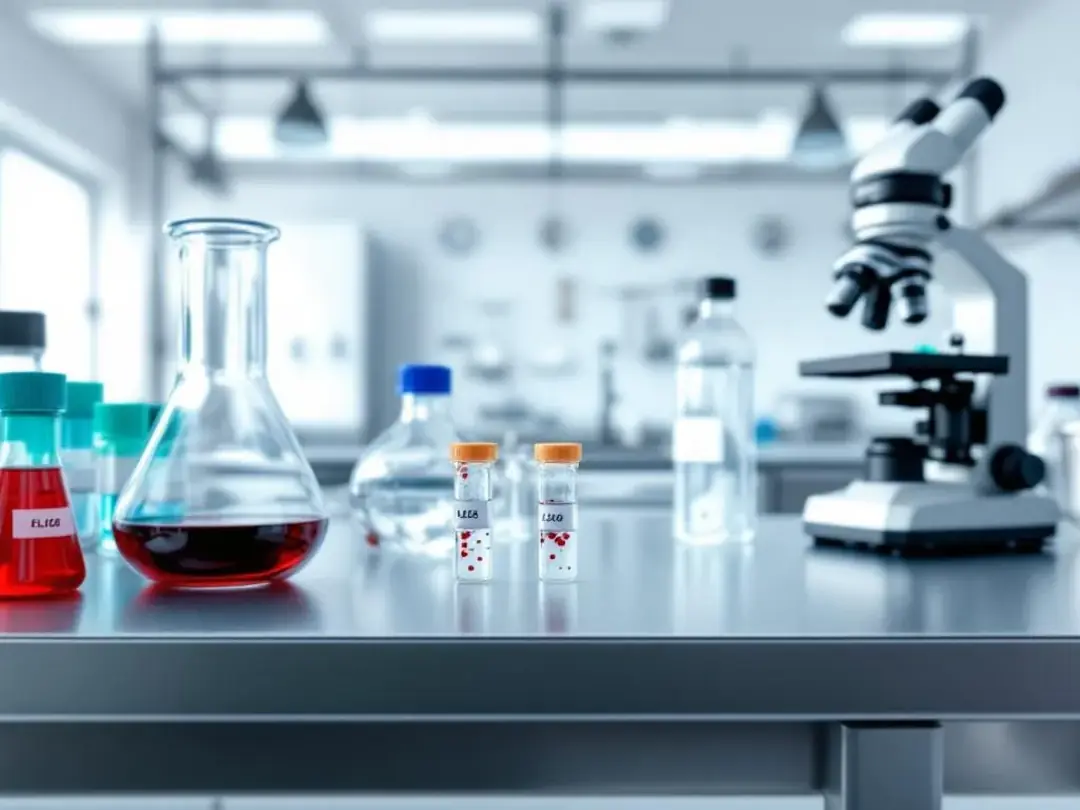 In a veterinary laboratory, various pieces of equipment are displayed alongside blood samples, highlighting the...