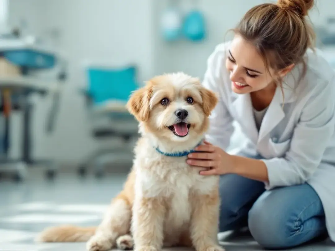 A happy, small dog is sitting comfortably with its owner in a veterinary clinic, showcasing a rapid clinical...