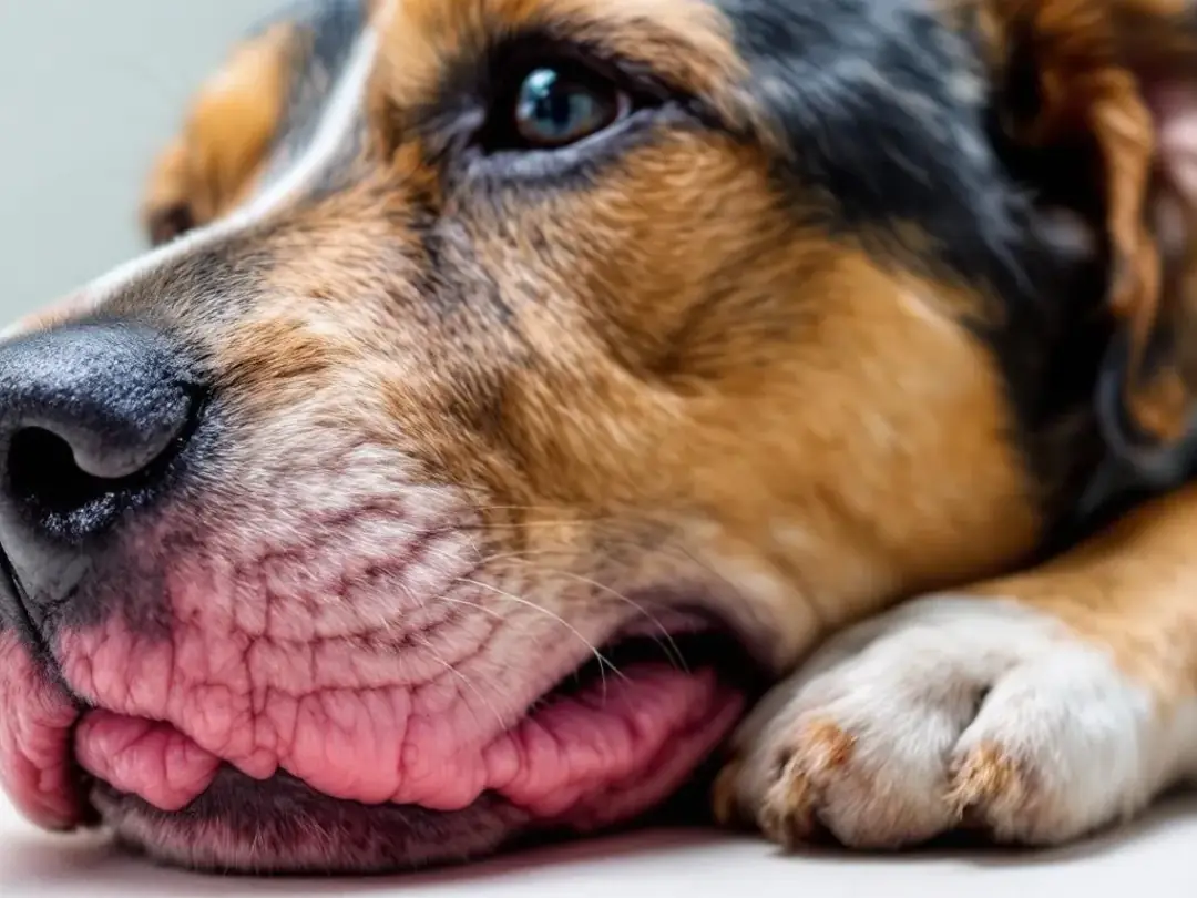 A dog is depicted with pale gums, indicating severe anemia often associated with hookworm infections. This visual...