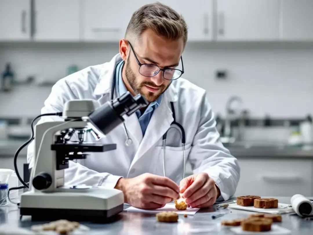 A veterinarian is examining a fresh stool sample under a microscope to diagnose potential hookworm infections, focusing...
