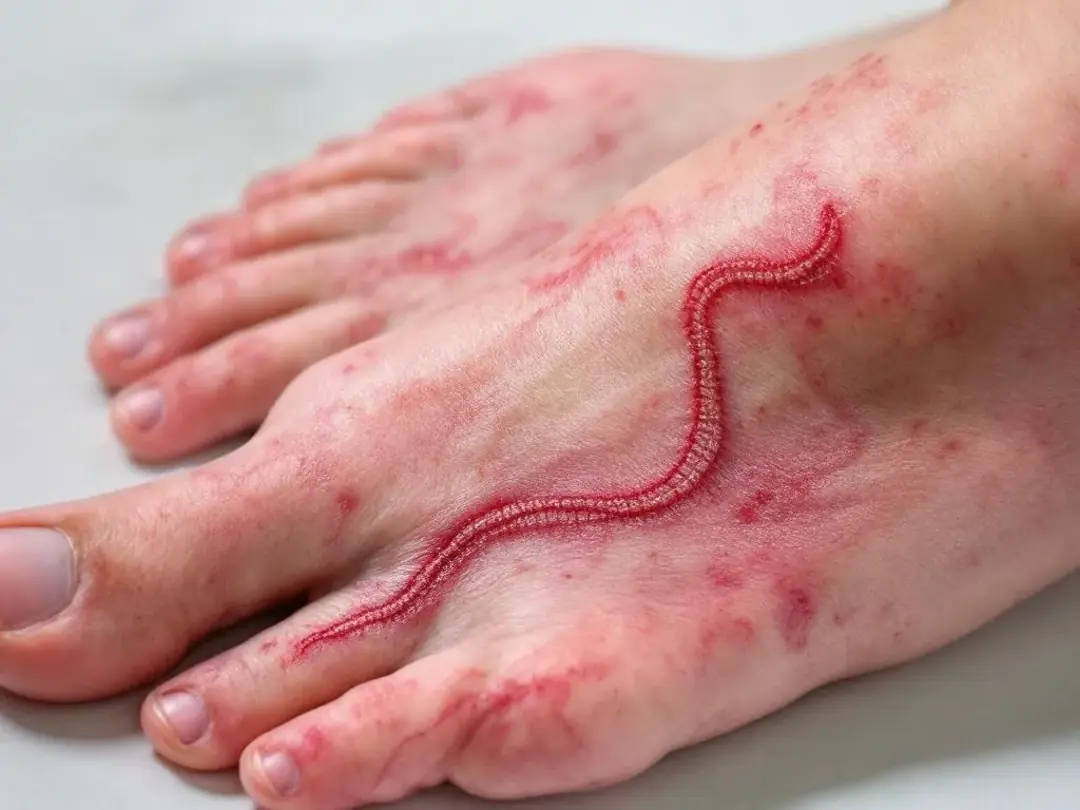 A close-up image of a person's foot displaying characteristic red, winding tracks that indicate cutaneous larva...
