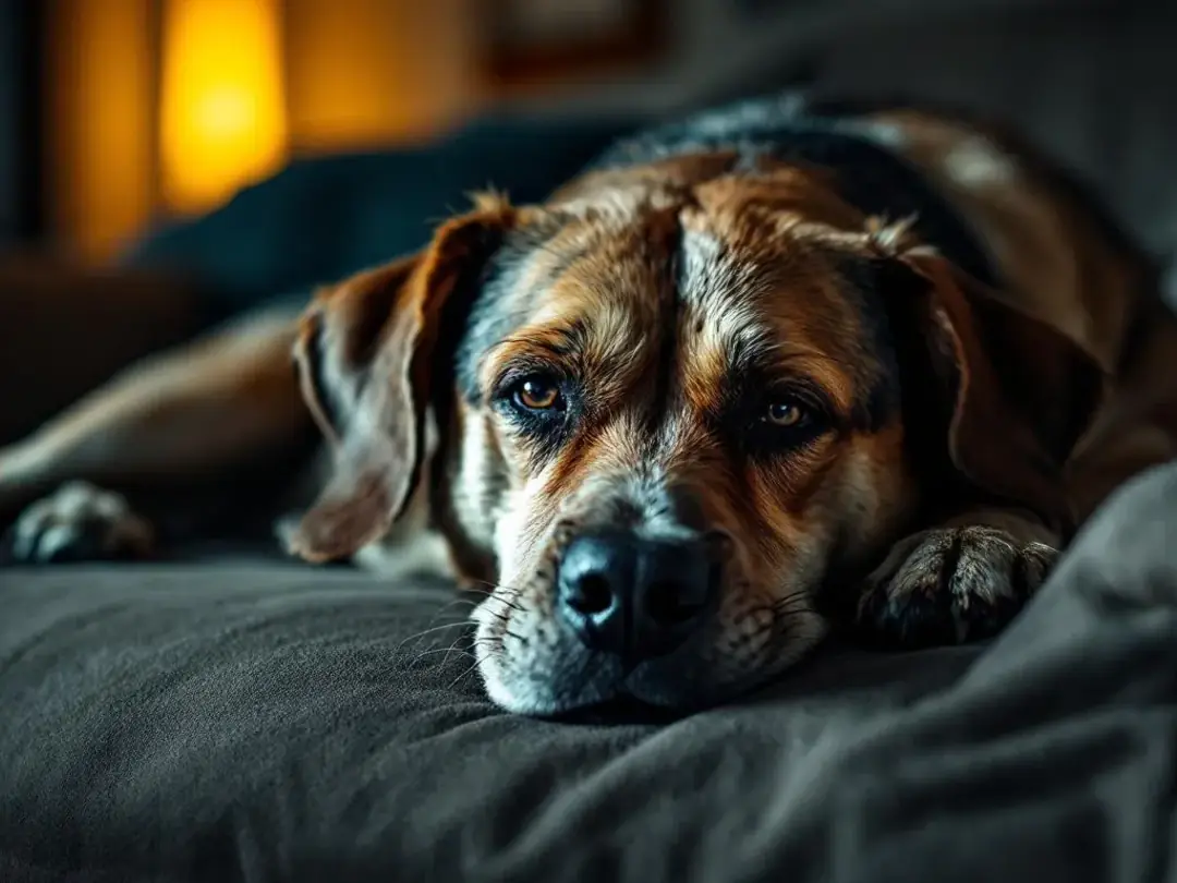 A lethargic dog is lying on a couch, exhibiting classic signs of hypothyroidism, such as low energy and mental...
