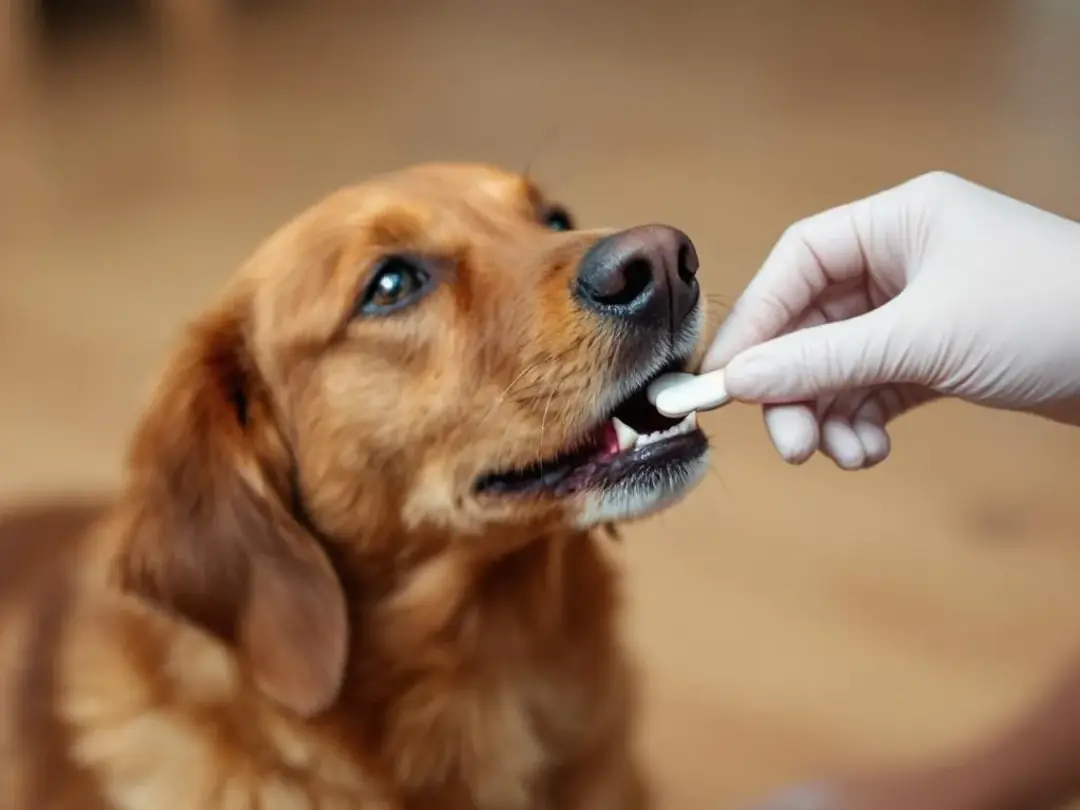 A dog owner is gently administering levothyroxine sodium tablets to their dog, demonstrating the proper oral...