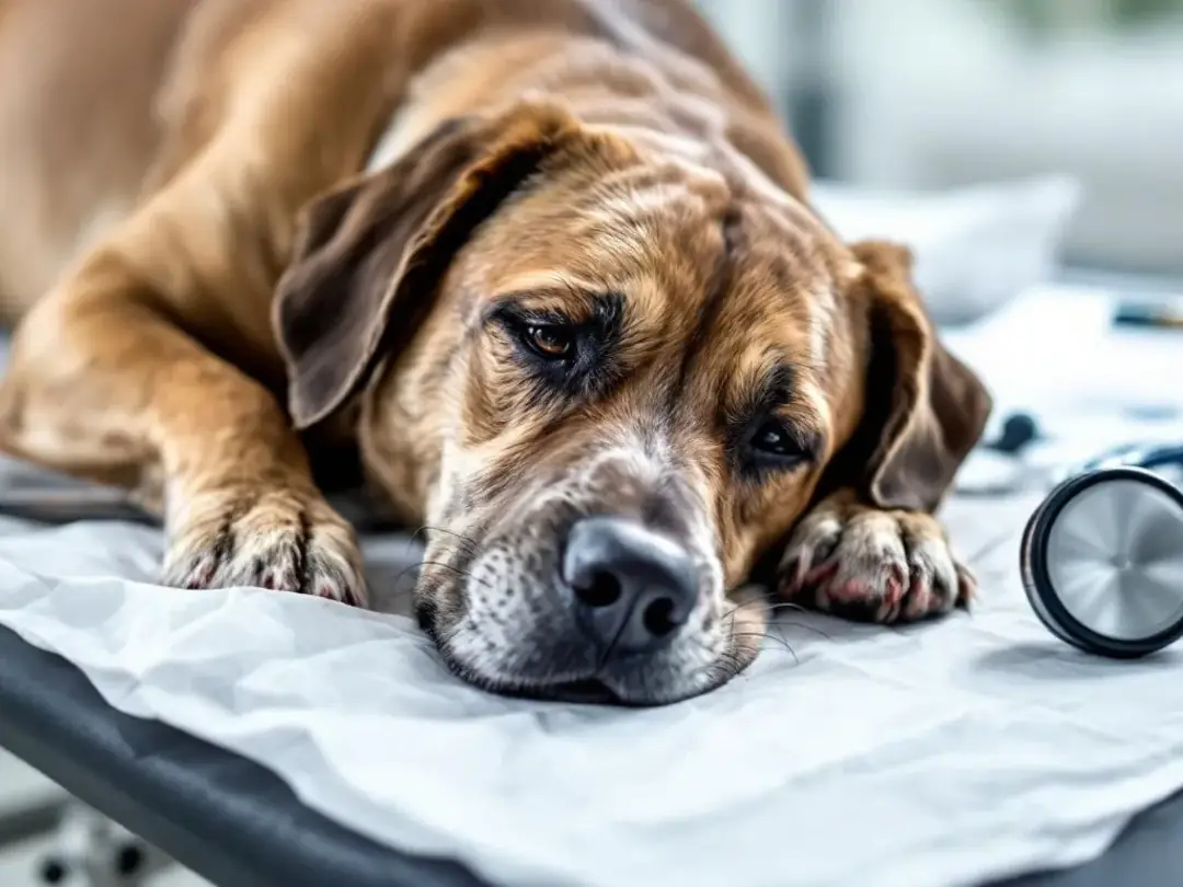 A lethargic dog with nasal discharge lies on a veterinary examination table, displaying clinical signs of a respiratory...