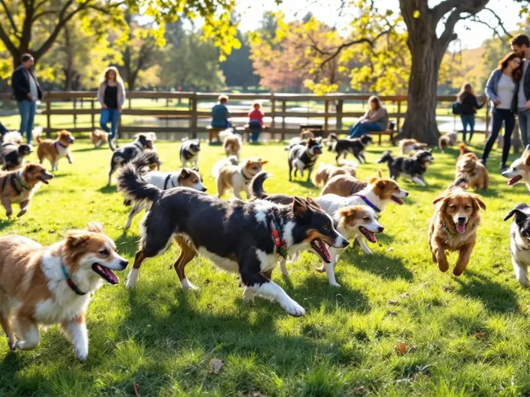 In a vibrant dog park, several dogs are joyfully playing together while their owners supervise, creating a lively...