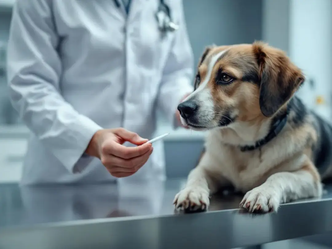 A veterinarian is gently collecting a nasal swab sample from a calm dog in a veterinary hospital, aiming to test for...