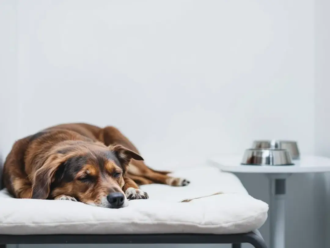 A dog is resting comfortably in a clean, isolated recovery area, surrounded by water and food bowls, indicating a focus...